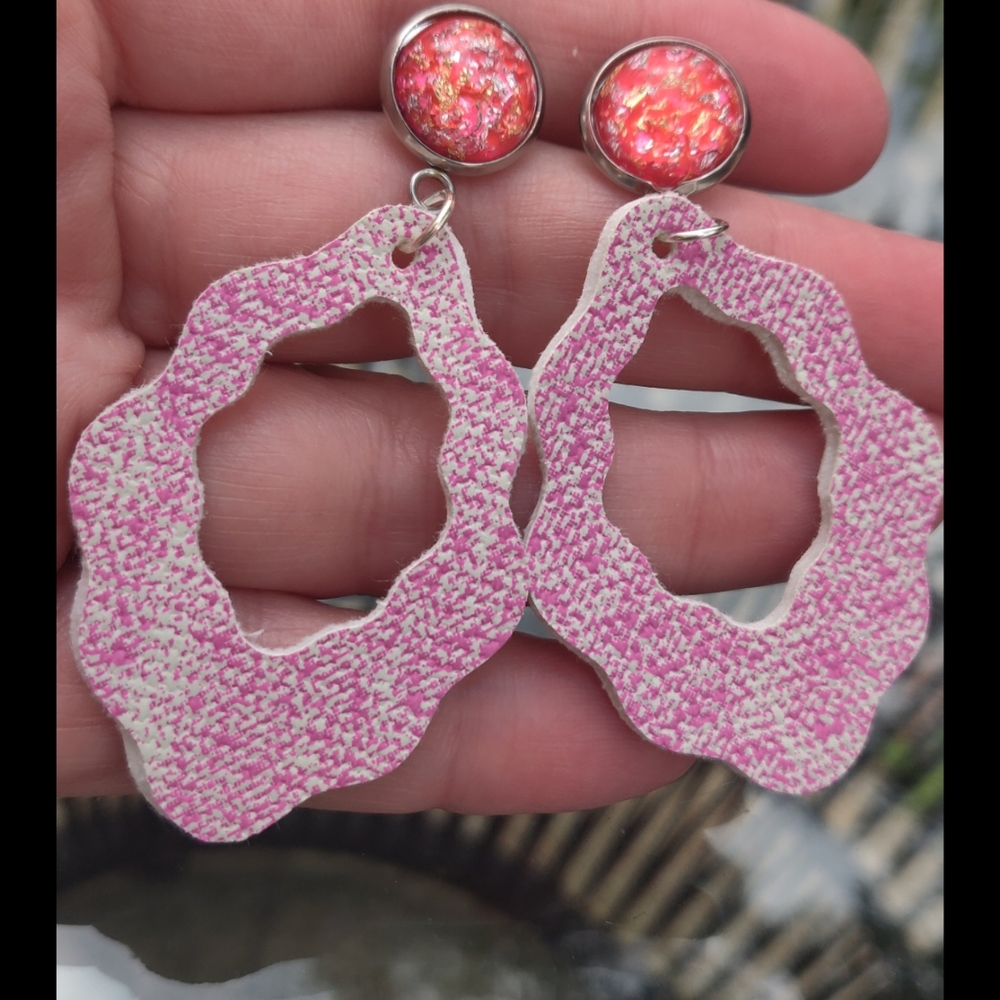 Boho Pink acid wash faux leather earrings